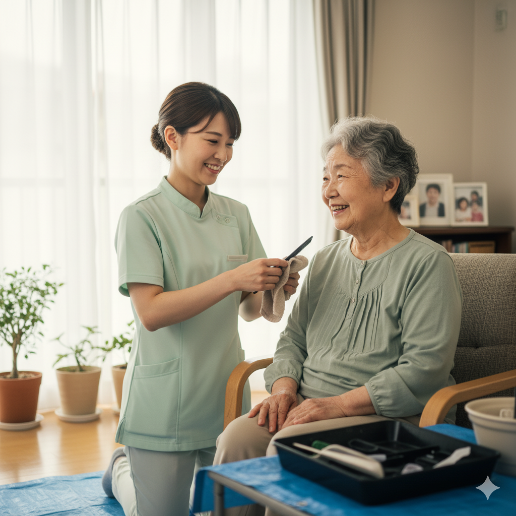 福祉理美容士が自宅で丁寧にヘアカットする様子